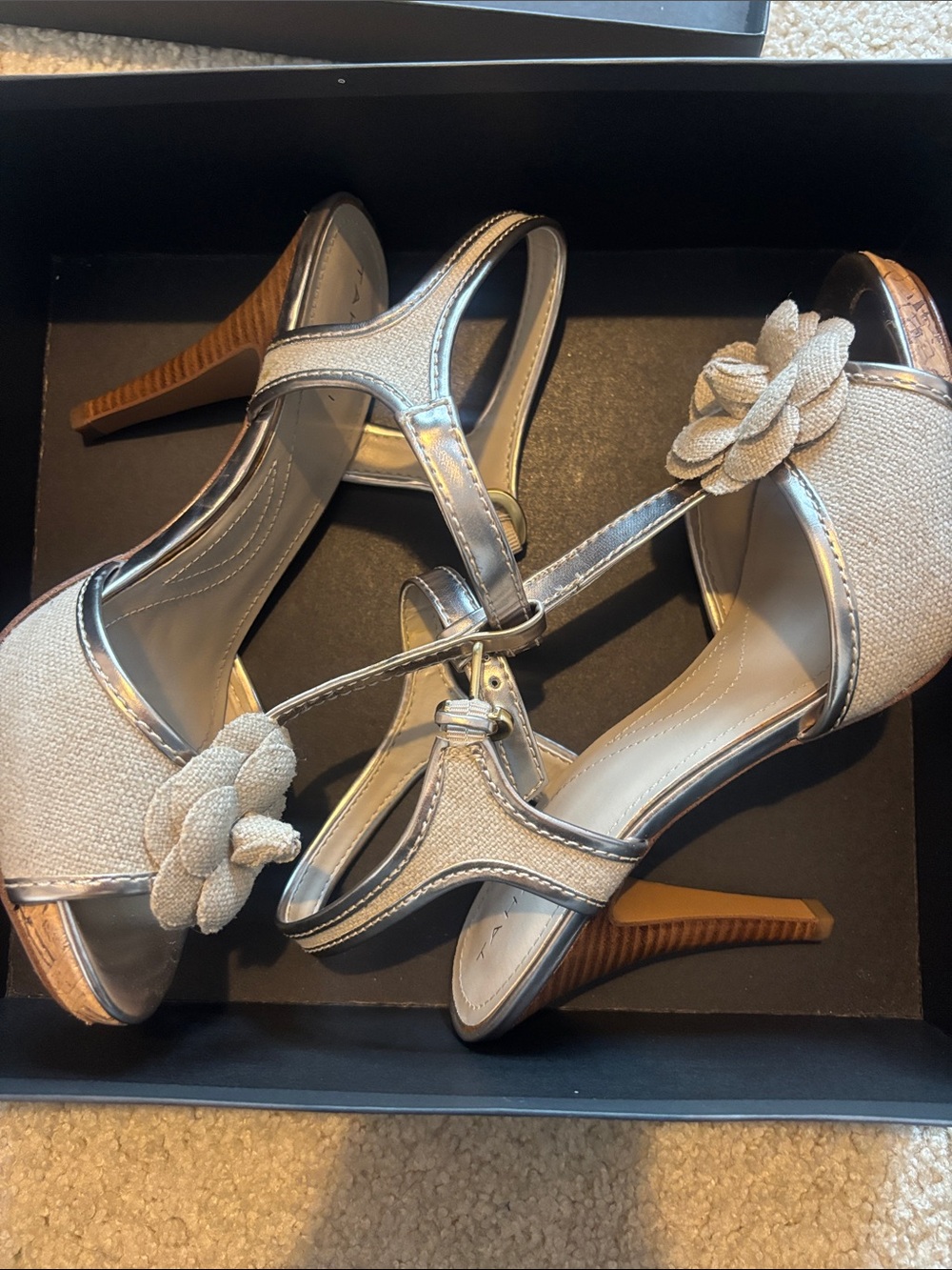 Tahari Silver Canvas Flower T-Strap Heels with Tan Wood-Look Heel